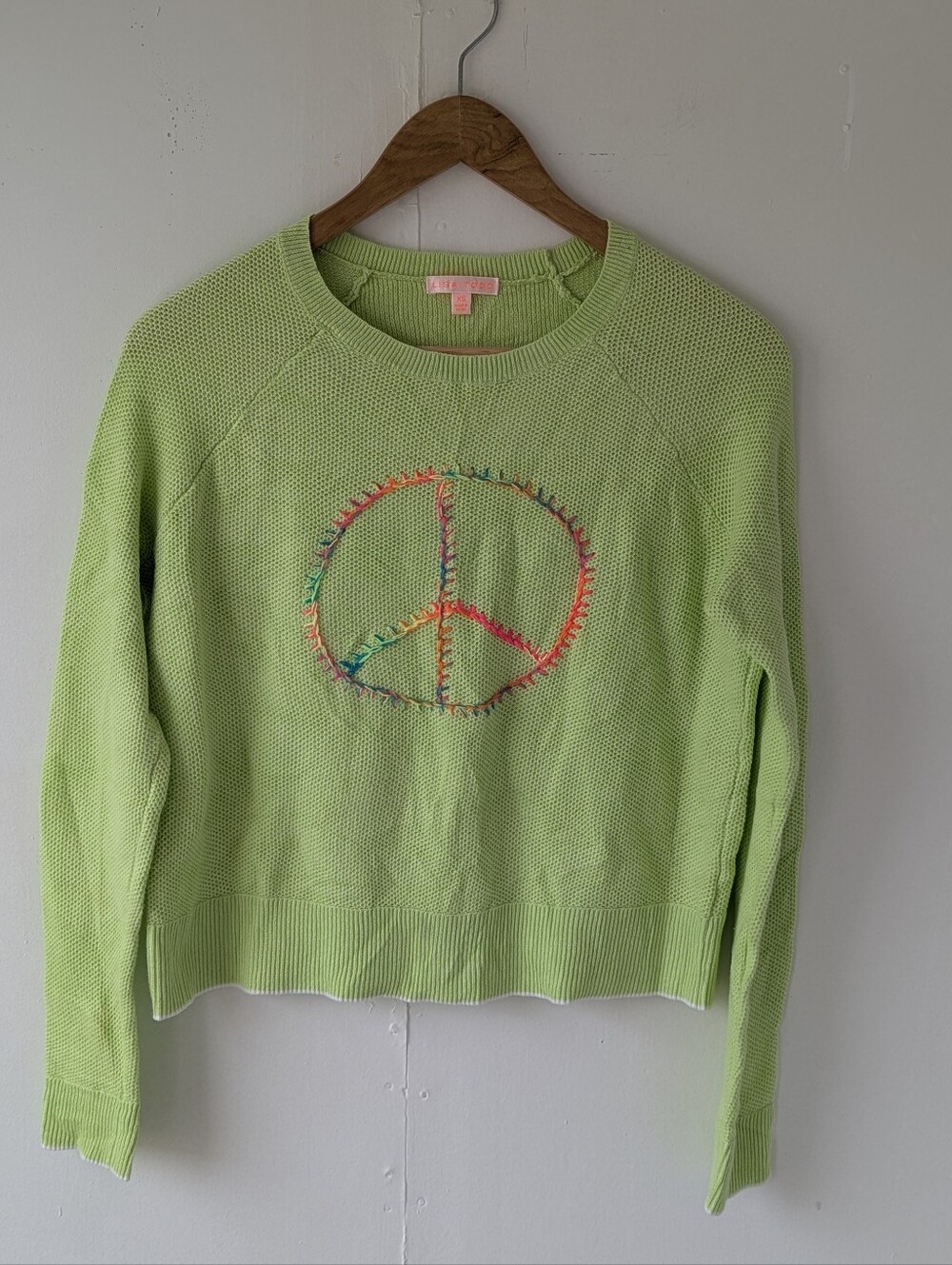 Lisa Todd Bright Green 100% Cotton Peace Perfect Sign Knit Sweater Size XS